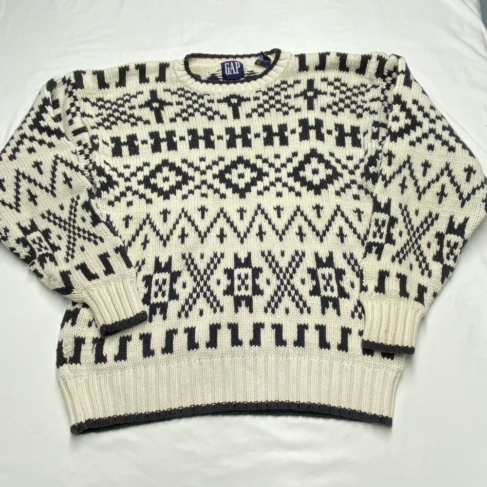 Vintage GAP 90s Nordic Fair Isle Knit Sweater Mens Medium Cream Navy Blue Cotton